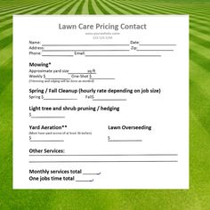 lawn care pricing form with green grass in the background