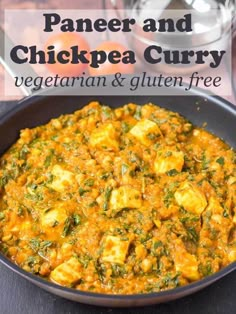 paneer and chickpea curry in a skillet with the title above it