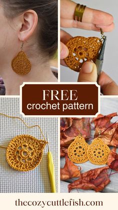 Top left image shows a yellow circular crochet earrings hanging from a white persons ear. Top right image shows a pair of white hands adding an earring hook to a crochet earring. Bottom left image shows a yellow circular crochet with a crochet hook. Bottom right shows a pair of yellow circular crochet earrings nestled in some dried maple leaves. Text reads free crochet pattern and the cozy cuttlefish dot com. Crochet Boho Earrings Free Pattern, Granny Square Earrings Free Pattern, Crochet Leaf Earrings Free Pattern, Earring Crochet Pattern Free, Crochet Fall Earrings, Crochet Jewelry Patterns Free