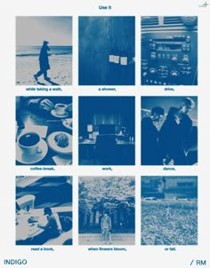 an image of people on the beach in different blue and white photos with words below them