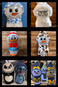 several different stuffed animals are shown in this collage, including snowmen and penguins