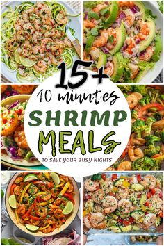 shrimp meal collage with text overlay that reads, 15 minutes shrimp meals to save your busy nights