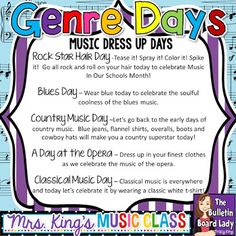 a poster with the words genee days music dress up days in front of it