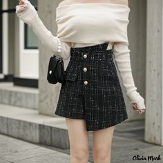 Olivia Mark - Womens Fashionable High-Waisted Plaid Midi Skirt with Irregular Hem and Button Closure