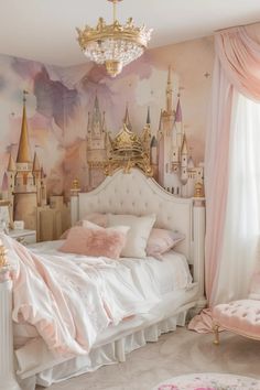 a bedroom decorated in pink and gold with princess castle wallpaper