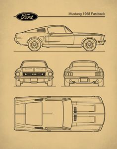 an old ford mustang blueprint shows the front, back and side views