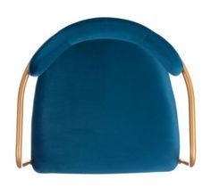 an upholstered blue chair with gold frame and back support, viewed from the front