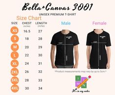 Bella Canvas 3001 Unisex Premium T-Shirt Size Chart | Etsy Svg Shirt Sizes, Htv Sizing For Shirts Chart Free, Decal Size For 2t Shirt, Tshirt Svg Size Chart, Vinyl Size For Shirts Sleeve, Cricut Shirt Size Chart Pocket, Tshirt Placement Guide For Vinyl Back, Shirt Measurements Chart Women, Cricut Tshirt Size Guide Pocket