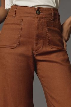 The pant so beloved, it sparked its own collection. Marked by a breezy wide-leg silhouette and form-fitting high-rise, the Colette Pant is tried, trued, and rave-reviewed. | The Colette Cropped Wide-Leg Pants by Maeve: Linen Edition in Brown, Women's, Size: 26W, Linen/Viscose/Elastane at Anthropologie Wide Leg Linen Trousers, Spring Forward, Cropped Linen Pants, Cropped Wide Leg Pants, Linen Crops, Trousers Pants, Linen Trousers, Cropped Pants, Linen Blend