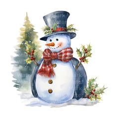 a watercolor painting of a snowman wearing a hat, scarf and bow tie