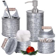 PRICES MAY VARY【4-Piece Deluxe Rustic Bathroom Accessories Set】Elevate your farmhouse bathroom decor with 4 UNIQUEgalvanized beauties1x Liquid Rustic Soap Dispenser1x Toothbrush/Make-Up Brush Holder2x Cutely Topped Canister Jars for q-tip swabsbudscotton ballscosmetic pads【A Western Bathroom Set Of Quality Materials】Handcrafted from thickgalvanized metalpremium shatter-resistant glassand natural woodthis country bathroom decor organizer set for bathroom is all you needIt’s hardwearingrust-resis Rustic Toothbrush Holder, Galvanized Bathroom, Rustic Bathroom Decor Farmhouse, Farmhouse Soap Dispenser, Rustic Farmhouse Bathroom Decor, Rustic Bathroom Accessories, Farmhouse Bathroom Accessories, Fall Bathroom Decor, Bathroom Jars