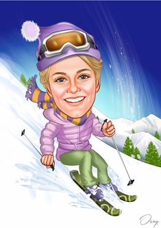 a caricature of a woman skiing down a mountain