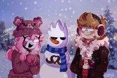 three cartoon characters standing next to each other in the snow