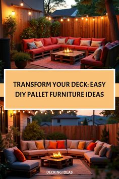 Comfortable DIY pallet seating area on deck with string lights and cushions Pallet Furniture Ideas, Pallet Projects Furniture