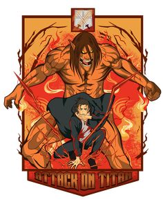 an image of two anime characters in front of a fire background with the words attack on them