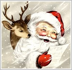 an old fashioned christmas card with santa and reindeer