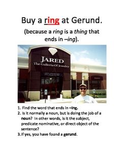 a man standing in front of a building with the words, buy a ring at gerund because a ring is a thing that ends in - ing