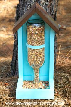 a bird feeder hanging from the side of a tree