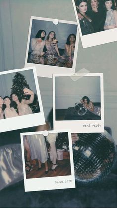 several polaroid photos of people sitting around a christmas tree and posing for the camera