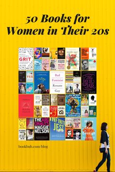 a woman walking past a yellow wall with books on it and the words 50 books for women in their 20ss