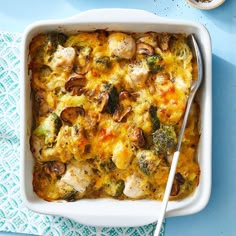 a casserole dish with chicken, broccoli and mushrooms in it on a blue surface