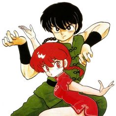 two anime characters, one with red hair and the other in green dress are holding each other