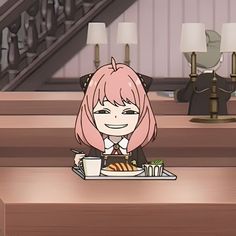 an anime character sitting at a table with food