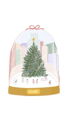 a snow globe with a christmas tree on it and people skating around in the snow