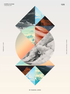 an abstract poster with clouds, mountains and sky in different colors on the bottom half of it