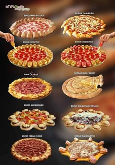 many different types of pizzas with toppings on them