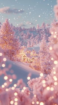 a snow covered hill with trees and houses in the background at night, lit up by christmas lights