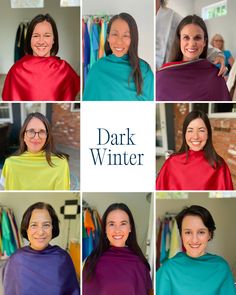 six photos of women with different colored capes on their heads and the words dark winter above them