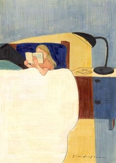 a painting of a woman laying in bed reading a book with a lamp on the side