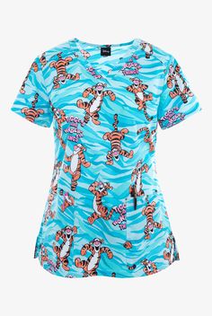 Tooniforms Wonderful Tiggers from Winnie the Pooh Women s 2-Pocket STRETCH V-Neck Print Scrub Top • Modern classic fit • V-neck • 2 front patch pockets • Short sleeve • Front shoulder yoke with self piping • Bust darts • Side vents • Back yoke with self piping • Disney s Tigger, from Winnie the Pooh, doing his thing Tiggers are Wonderful Things on a tri-tone tiger background • Approximate length for size M is 28 • Manufacturer style TF776-PHWD Our Tooniforms collection was made with a cotton, sp Tiger Background, Dickies Scrubs