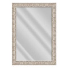 a white and wood framed mirror on a white wall with a light brown border around the frame