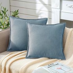 two blue pillows sitting on top of a couch next to a white book and plant