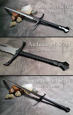 three different types of swords with names on them