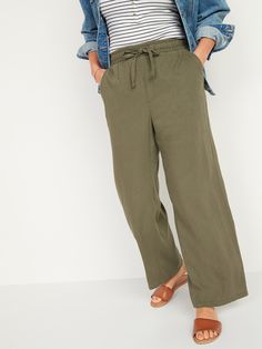 Non-stretch Linen Wide Leg Pants For Spring, Everyday High-waisted Linen Pants, Casual Non-stretch Linen Wide Leg Pants, Non-stretch Linen Wide Leg Pants For Summer, Wide Leg Linen Pants Outfit, Linen Wide-leg Pants With Patch Pockets, Olive Linen Pants, Green Linen Pants, Linen Pants Outfit