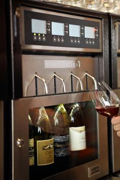 a person holding a glass of wine in front of an appliance