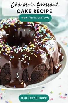 a chocolate cake on a plate with sprinkles and the title above it