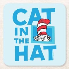 the cat in the hat logo on a blue background beverage coasters, set of 4