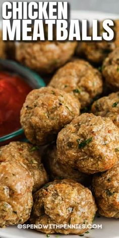 chicken meatballs on a plate with ketchup