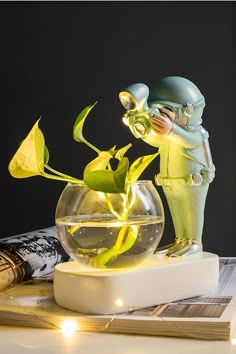 a glass vase filled with water and flowers on top of a table next to a book