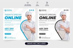 two banners for cooking classes with the image of a chef pointing to something on it