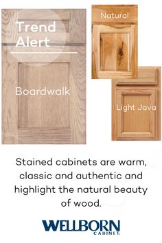 the different types of cabinet doors are shown in three different colors and sizes, including light wood