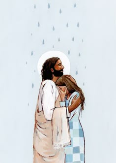 a painting of jesus hugging a woman in the rain