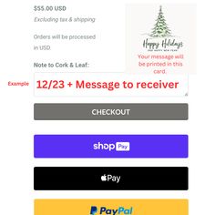 an email form with the message happy holidays on it and other items to be purchased