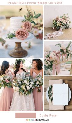 a collage of photos with flowers and greenery on them, including two bridesmaid's bouquets