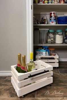 two wine bottles in a wooden crate on the floor next to an open pantry door