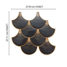 six black and gold fan shaped wall hangings on a white background, with measurements for each